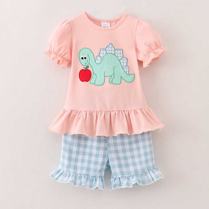 Ready to Ship Kids Girls Summer Back to School Dinosaur Embroidery Pink Cotton Blend Top Shirt Blue Plaid Shorts Set Outfit