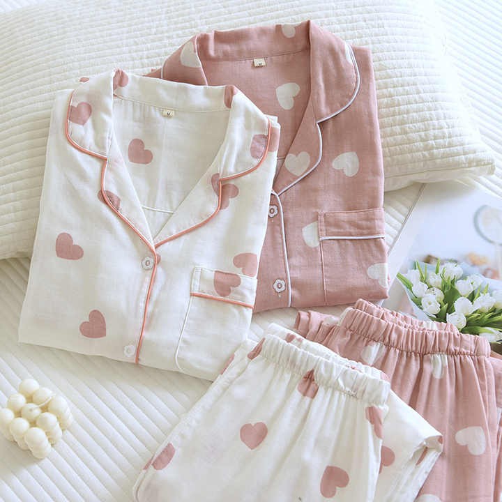 Women's Long Sleeve 100% Cotton Outerwear for Spring Autumn Sweet Home Clothes-Breathable Solid Pure Cotton Gauze Pajamas