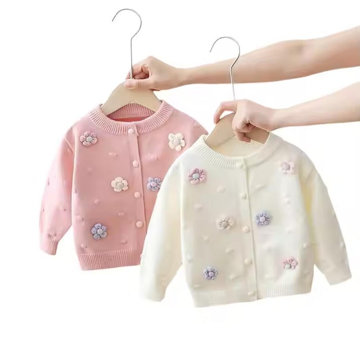Autumn O-Neck Cardigan for Girls Wholesale Kids Clothing 3D Floral Knitted Warm Top Flower Decoration Toddler Baby Sweater