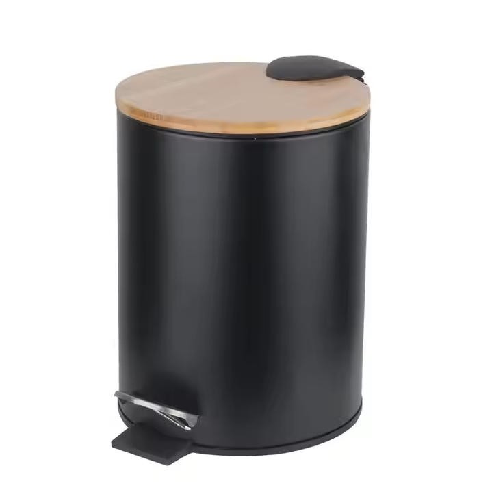 Round Metal Trash Can with Bamboo Lid and Pedal 5 Liter Garbage Container Bin with Removable Inner Wastebasket for Bathroom