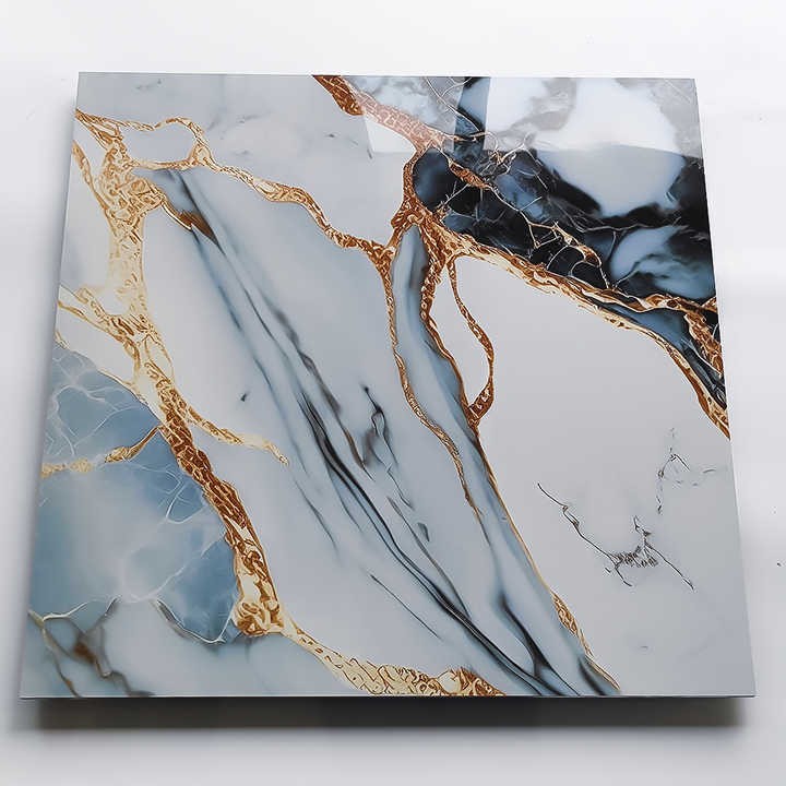 600x600 High Quality Glossy Gold Grain Blue Marble Polished Porcelain Floor Tiles Foshan