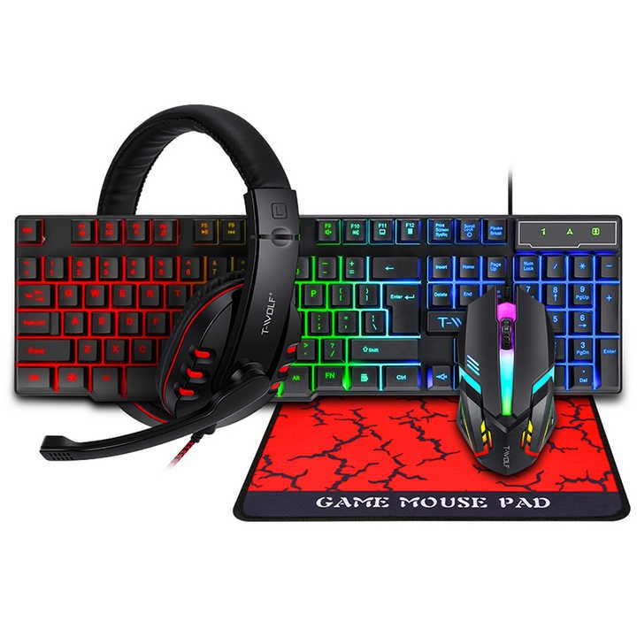 T-WOLF TF800 4 in 1 Gaming Keyboard Mouse Headphone and Mousepad Set RGB Gaming Keyboard Mouse Combos for Computer Accessory