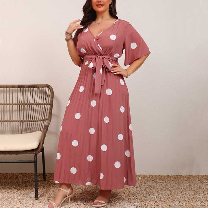 Wholesale Summer A-Line Flowy Maxi Dress for Plus Size Women V-Neck Tie Waist Polka Dot Print Empire Long Skirt Casual Chiffon