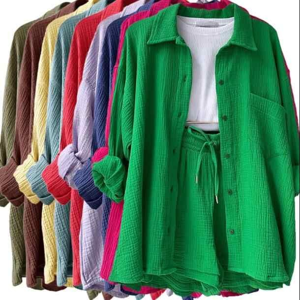 2 Piece Shorts Sets Women's Clothing Sets Clothing Ruffled Lapels Long Sleeve Shirt Dropshipping Spring Fall Outfits for Women