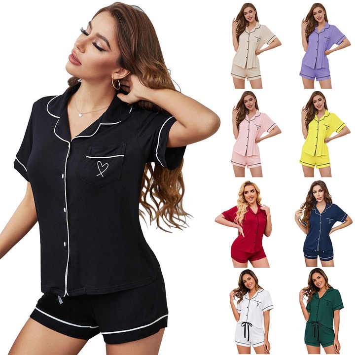 European American Women's Summer Casual Home Wear Solid Color Button Short Sleeve Elastic Waist Pajamas Set Woven Fabric Smooth