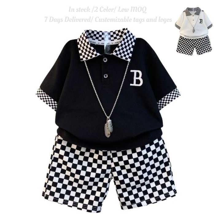 Children's Brand Clothing Boy's Summer Daily Outfit 2pcs Set Short Sleeve Cotton Polo Shirt and Check Printing Cotton Shorts