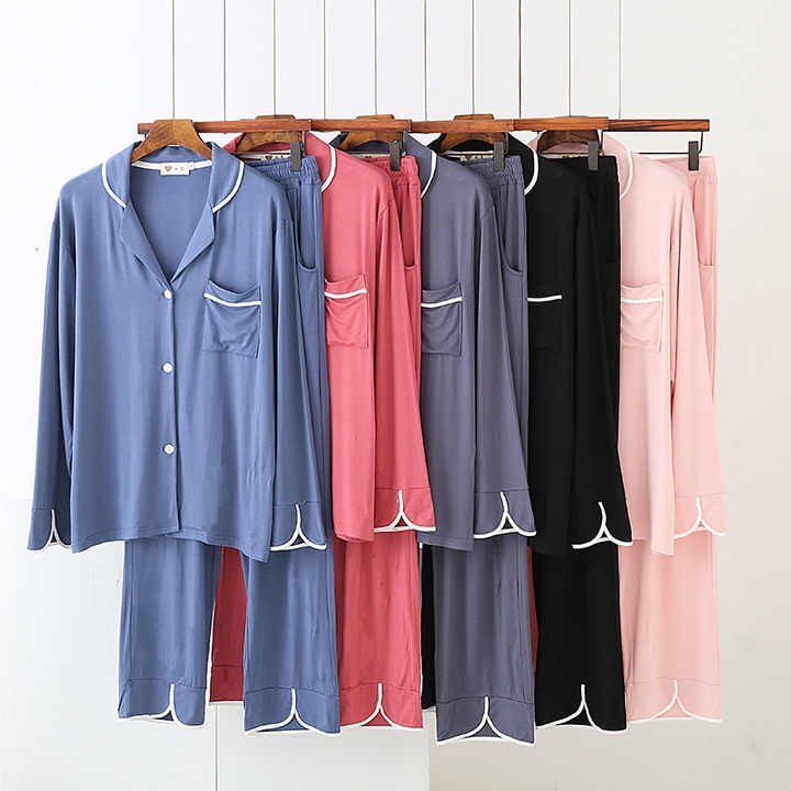 Wholesale Cozy 2 Pieces Modal Cotton Bamboo Sleep Wear Long Sleeve Drawstring Pijamas Pjs Pyjamas Pajamas Set for Women