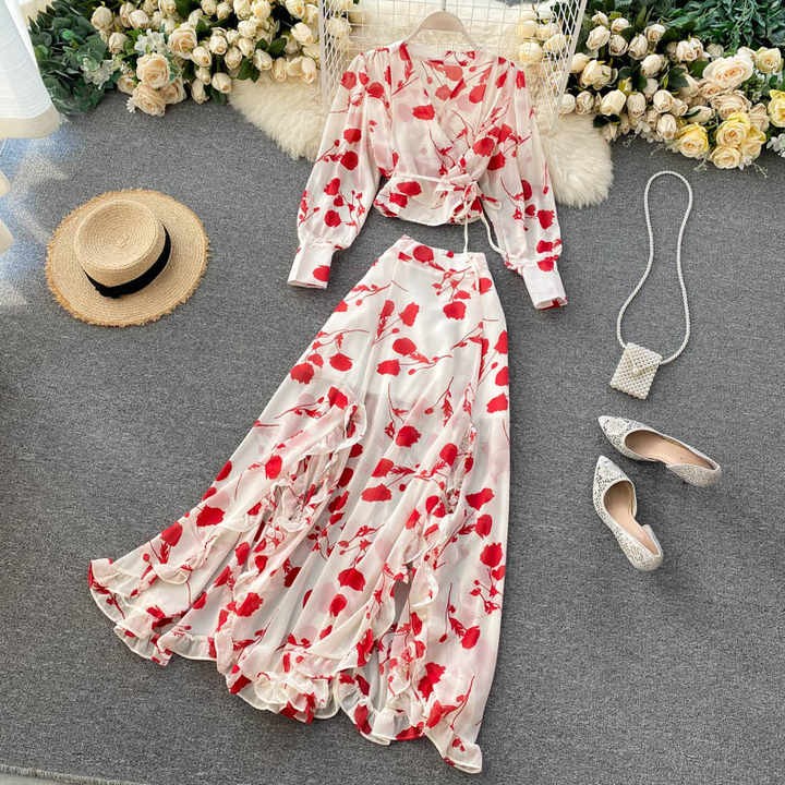 LE4193 Autumn Women'S Holiday Style Printed Long Chiffon Shirt Design Edge Split Skirt Two-Piece Set