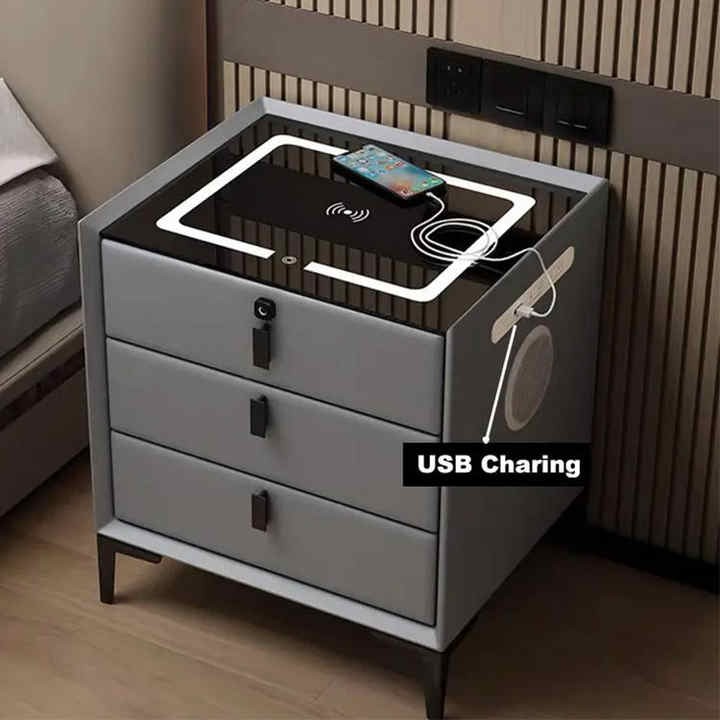 Luxury Bed Room Furniture Wooden Smart Bedside Coffee Table Modern Nightstands With USB Wireless Charging