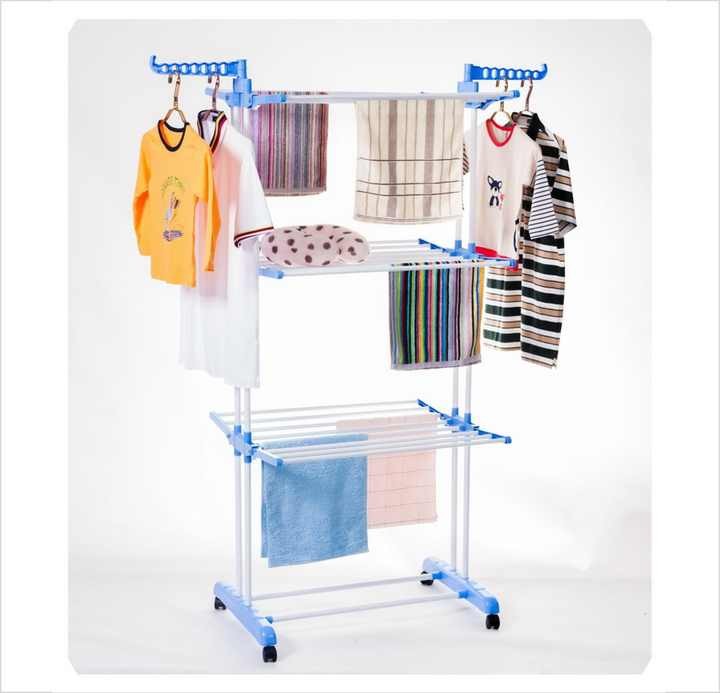 BS-8031 Multipurpose Easy Move Layers Foldable Clothes Drying Rack Garments Hanging Dryer Metal Cloth Drying Rack with Wheels