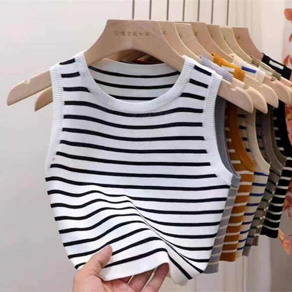 Summer Vest Women O-neck Sleeveless Stripped Vest Solid Color Slim Knitted Daily Casual Lady All-Match Vest