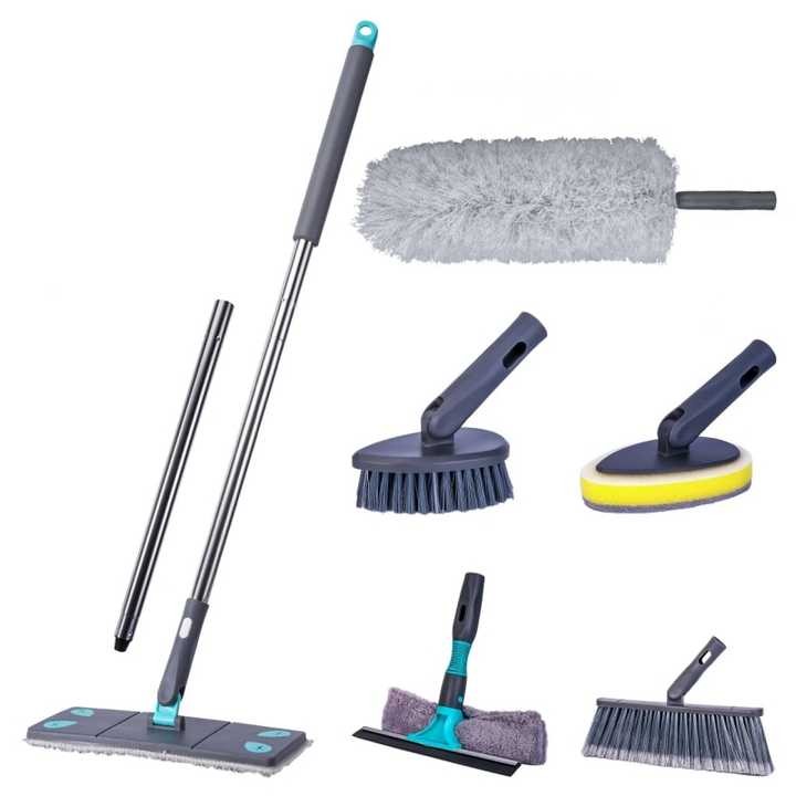7in1 Microfiber Cleaning Kit with Mop, Broom, Duster, Squeegee, Scrubber, Sponge Multi-Purpose Home Cleaning Set