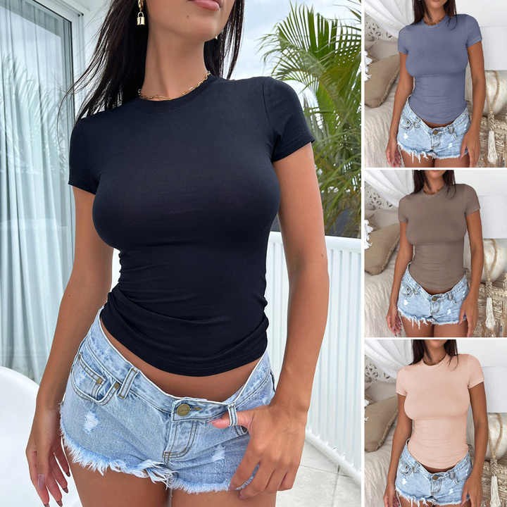 Fashion Women's Spring Summer Solid Color Round Neck Slim Thin Short-sleeved T-shirt Lady Casual Top