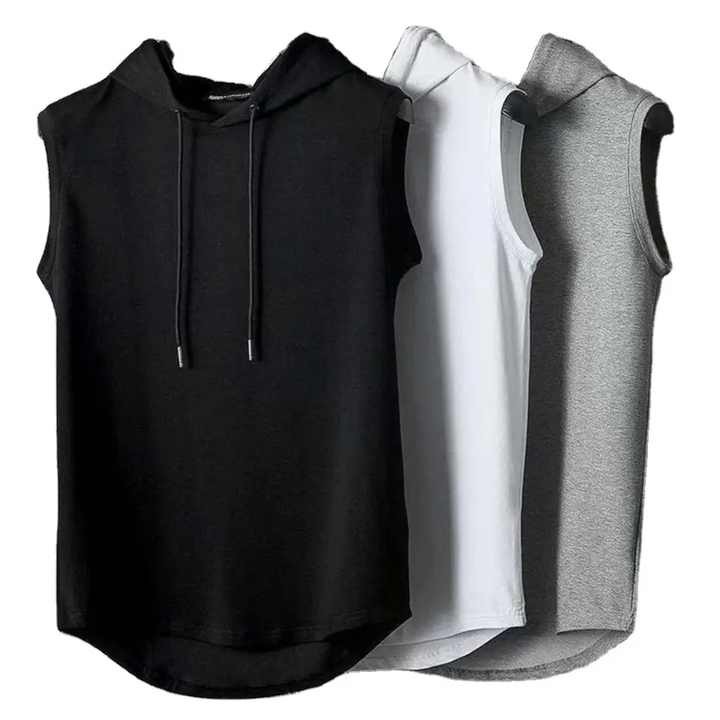 Wholesale Sleeveless tank Top Men's Casual T-shirt Solid Color Hoodie Lace-up T-shirt Hip Hop Men's Sweatshirt Mens Gym Vest