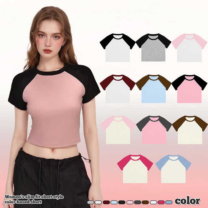 Custom Logo Raglan Sleeve Women's Cropped T-Shirts Contrast Short Sleeve Crop Tops Tees