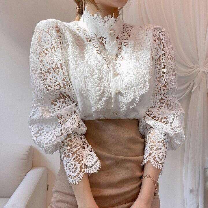 French Chic Women Long Sleeve Hollow Out Lace Shirt Beautiful Shirt Nice Luxury Top Sehe Fashion