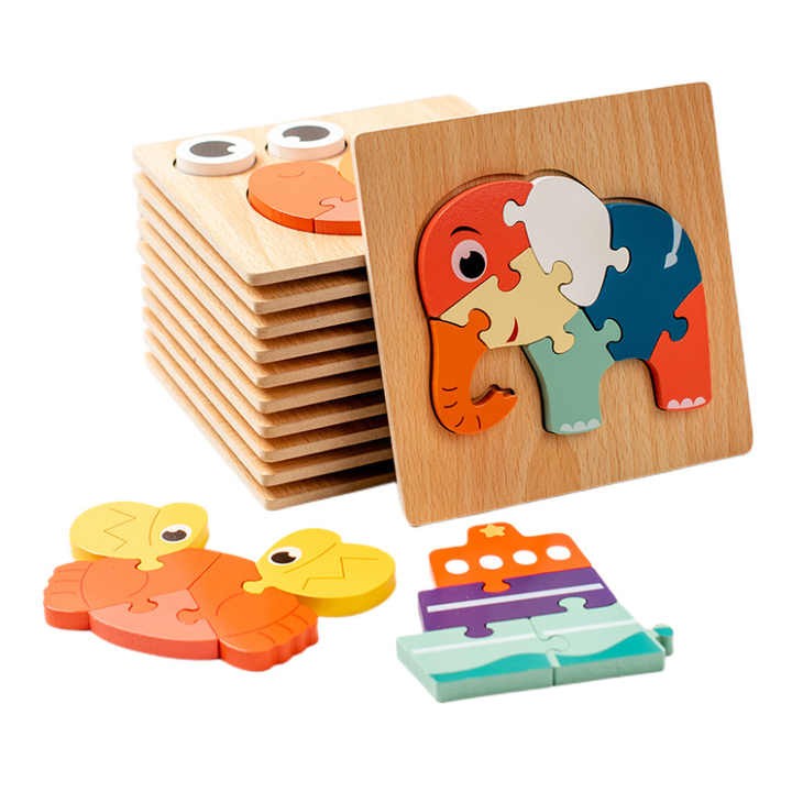 Children Wooden Diy 3D Cartoon Animal Puzzle Board Early Educational Geometry Pegged Puzzles Toy for Kids Boys Girls
