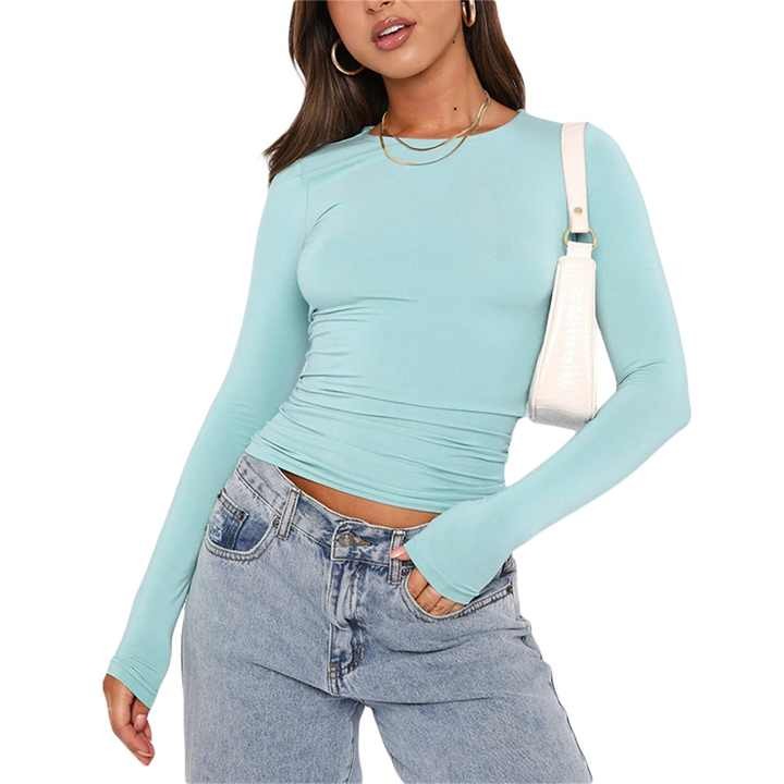 Spring Autumn Solid Slim Street Wear Long Sleeve Women Sports Fitness Top O-neck Skinny Solid Color Ladies T-shirts