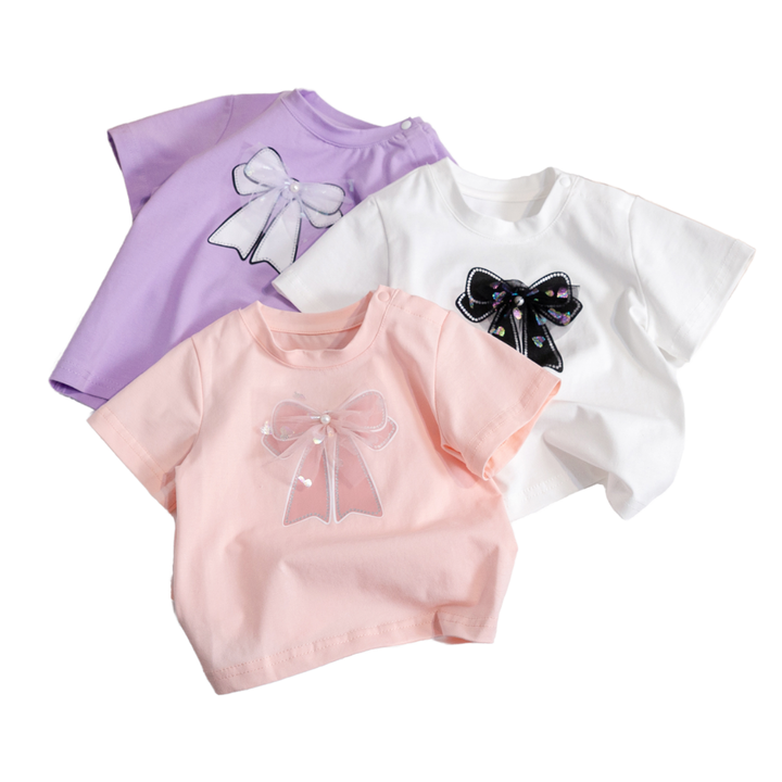 Girl's Summer Simple Bow Sweet T-shirt in Candy Color and Fashionable Short-sleeved Shirt Girls Shirts