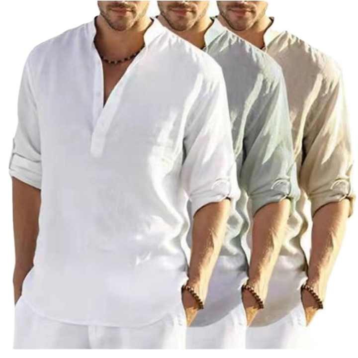 High Quality Men's Cotton Linen V Neck Shirt Men's Yarn Dyed Shirts Long Sleeve Casual Wear Beach Clothes T Shirts