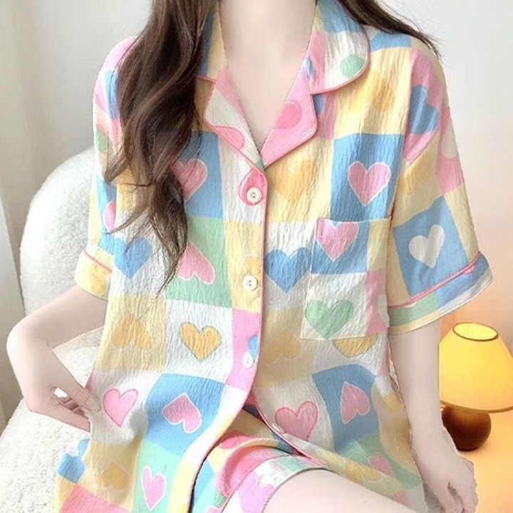 Women's Summer Short-Sleeved Cotton Pajamas Satin Internet Celebrity Inspired Love Clouds Cardigan Shorts for Students Sweet